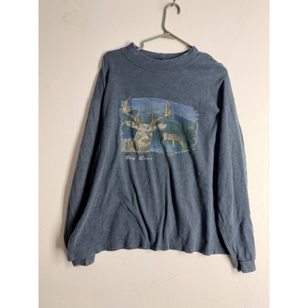 Vintage Honors Big Bear Deer Graphic Long Sleeve T-Shirt Blue Gray XL Cotton